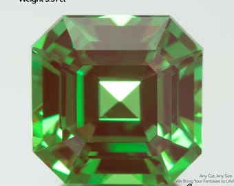 May include: A square-cut, vibrant green Yttrium Aluminum Garnet gemstone. The gem is 9x9mm in size and weighs 5.31 ct. The image includes the text "Yttrium Aluminum Garnet Size 9x9mm Weight 5.31 ct" and the Gemtasy logo.