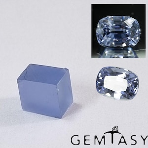 May include: A light blue, rectangular, translucent block of rough material alongside a faceted, cushion-cut, light blue gemstone. The gemstone is shown in two views, one against a dark background and one against a light background. Text reads GEMTASY.