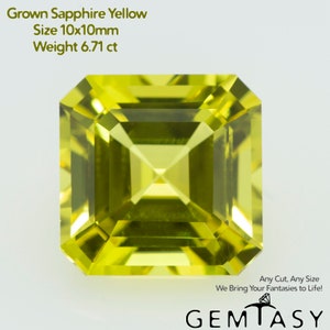 May include: A square-cut, yellow sapphire gemstone. The gem is 10x10mm and weighs 6.71 ct. The text on the image reads "Grown Sapphire Yellow" and "Any Cut, Any Size We Bring Your Fantasies to Life!" The gemstone is from GEMTASY.