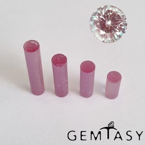 Può includere: Quattro gemme cilindriche rosa di diverse lunghezze sono disposte su una superficie bianca, con una gemma rotonda e sfaccettata nell'angolo in alto a destra. Il logo "GEMTASY" è in basso.