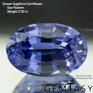 May include: An oval-cut, cornflower blue sapphire gemstone. The text indicates the size is 9x6mm and the weight is 2.30 ct. The gemstone is displayed on a reflective surface with the Gemtasy logo.