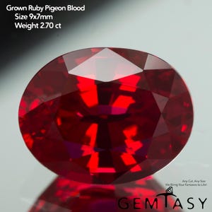 Può includere: Un rubino sfaccettato, di forma ovale e colore rosso intenso. La gemma è etichettata come "Grown Ruby Pigeon Blood" e misura 9x7mm, con un peso di 2,70 ct. L'immagine include anche il testo "Any Cut, Any Size We Bring Your Fantasies to Life!" e il marchio "GEMTASY".