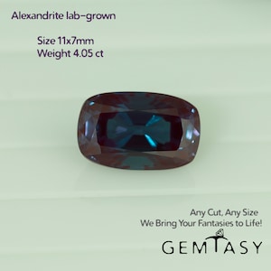 Cut stone - Alexandrite Czochralski (Pulled) lab grown, facet Cushion 11x7mm 4.05ct