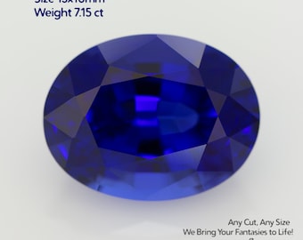 May include: A faceted, oval-cut, royal blue sapphire gemstone. The text on the image reads "Grown Sapphire Royal Blue, Size 13x10mm, Weight 7.15 ct." The gemstone is approximately 0.51 inches long and 0.39 inches wide. The image also includes the text "Any Cut, Any Size, We Bring Your Fantasies to Life!" and the brand name "GEMTASY."