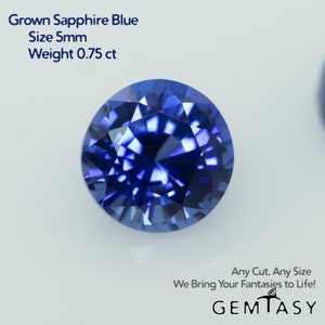 Peut inclure: Une pierre précieuse de saphir bleu cultivé de 5 mm et 0,75 carat. La pierre précieuse est ronde et a une taille facetée. La pierre précieuse est placée sur un fond blanc.