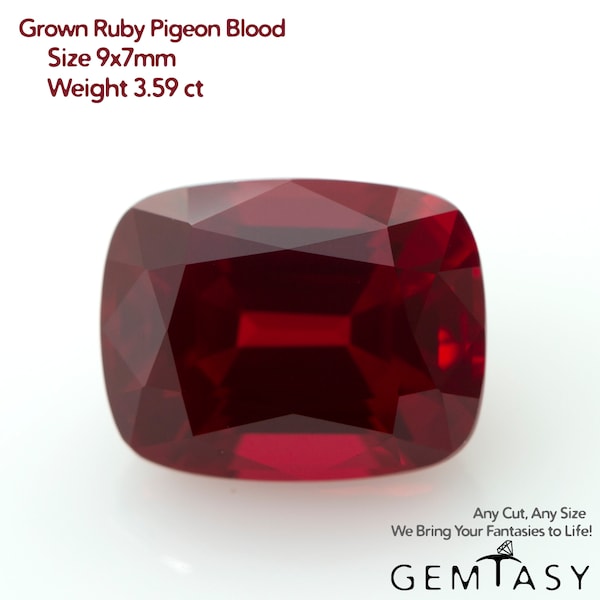 Cut stone - Ruby Pigeon blood Czochralski (Pulled) lab grown, facet Cushion 9x7mm 3.59ct