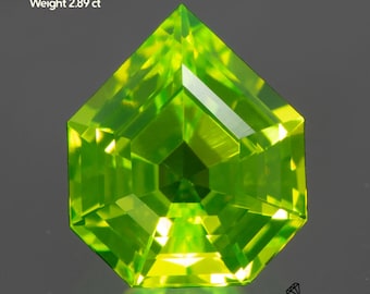 May include: A faceted, bright green Lutetium Aluminum Garnet gemstone. The gem is an octagonal shape with a size of 8x7mm and weighs 2.89 ct. The gemstone is displayed on a gray background. The text "GEMTASY" is at the bottom.