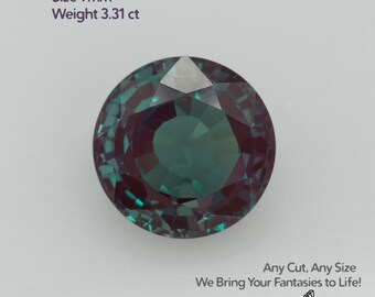 May include: A lab-grown Alexandrite gemstone, 9mm in size and weighing 3.31 ct, is displayed. The gem has a round cut with a deep teal and purple color. Text on the image reads: "Any Cut, Any Size, We Bring Your Fantasies to Life!" and "GEMTASY".