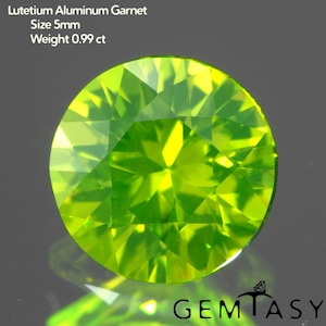May include: A round, faceted, bright green Lutetium Aluminum Garnet gemstone. The gem is 5mm in size and weighs 0.99 ct. The image includes the text "GEMTASY".