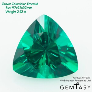 May include: A triangular, faceted, vivid green emerald gemstone. The gem is labeled as a Grown Colombian Emerald, measuring 9.7mm x 9.7mm x 9.7mm and weighing 2.42 carats. The image includes the text "Any Cut, Any Size" and the Gemtasy logo.