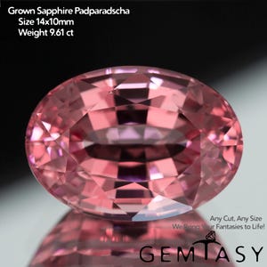 May include: A faceted, oval-cut, pink sapphire gemstone. The gem is labeled as a "Grown Sapphire Padparadscha," measuring 14x10mm and weighing 9.61 ct. The image includes the text "Any Cut, Any Size, We Bring Your Fantasies to Life!" and the logo for GEMTASY.