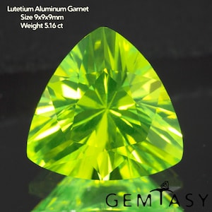 Cut stone - LuAG Yellow neon Czochralski (Pulled) lab grown, facet Trilliant 9x9x9mm 4.76-5.16ct