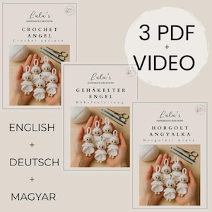 Op de afbeelding: Een haakpatroon voor engelen wordt geadverteerd, inclusief drie PDF-bestanden en een video. De afbeelding toont het patroon in het Engels, Duits en Hongaars. De tekst op de afbeelding luidt "Lulu's Handmade Creations".