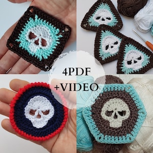 May include: Four crochet patterns featuring a skull design in different shapes: square, triangle, circle, and hexagon. The patterns are made with brown, blue, white, and turquoise yarn. The image also includes yarn balls and a crochet hook.