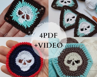 May include: Four crochet patterns featuring a skull design in different shapes: square, triangle, circle, and hexagon. The patterns are made with brown, blue, white, and turquoise yarn. The image also includes yarn balls and a crochet hook.