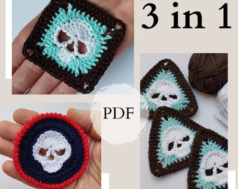 May include: Three crochet patterns featuring a skull design. The patterns are a square, a triangle, and a circle. The patterns are crocheted in brown, white, blue, and green yarn. The text "3 in 1 PDF" is visible in the image.