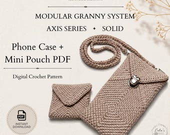May include: A crochet pattern for a phone case and mini pouch. The image shows a light brown, handmade crochet phone case with a strap and a smaller matching pouch. The text on the image says "Modular Granny System" and "Digital Crochet Pattern".