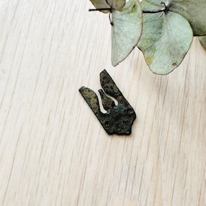 May include: A small, dark bronze-colored metal object with an abstract shape, possibly a decorative element or a piece of jewelry. The object has a weathered appearance, suggesting age or exposure. A sprig of dried eucalyptus is in the background.