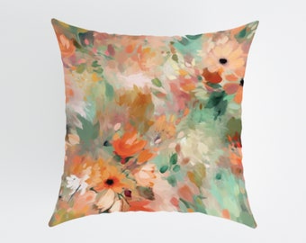 Floral Cushion Cover Peach and Green Cushion Abstract Floral Pillow Cover Impressionist Style Cover Square Cushion Living Room Decor