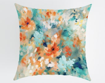Orange and Blue Cushion Cover Floral Cushion Abstract Floral Pillow Cover Impressionist Style Cover Square Cushion Living Room Decor