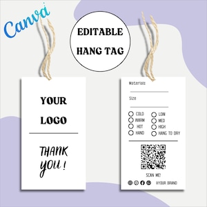 Puede incluir: Plantilla de etiqueta colgante editable con un diseño en blanco y negro. La etiqueta incluye espacio para un logotipo, un mensaje de agradecimiento e instrucciones de cuidado. La etiqueta también incluye un código QR e iconos de redes sociales.