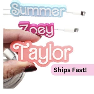 3D Printed Universal Adjustable Personalized Phone Charger Cord Name Tags iPhone Android Cords Names fit cables up to 3.4mm cable organizer
