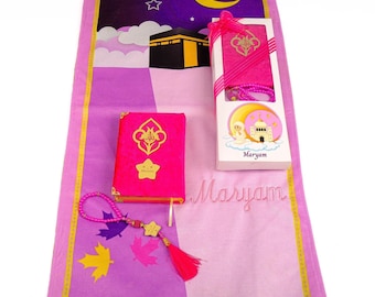 Ensemble de tapis de prière personnalisé pour enfants, tapis de prière musulman personnalisé pour enfants, boîte à chapelet Coran, cadeau de remise de diplôme du Coran, cadeau Ameen, cadeau de l'Aïd pour enfants