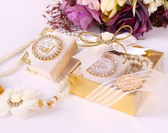 Personalized Velvet Mini Quran Pearl Tasbeeh Gift Set | Wedding Nikkah Baby Shower Birthday Ramadan Eid Islam Muslim Part Favors Gifts