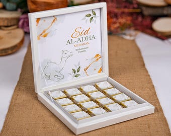 Eid al-Adha Chocolate Favors for Guests, Personalized Eid Mubarak Chocolate Gift, Hajj Mubarak, Umrah Mubarak, Eid Gifts, 16 PCS with Box