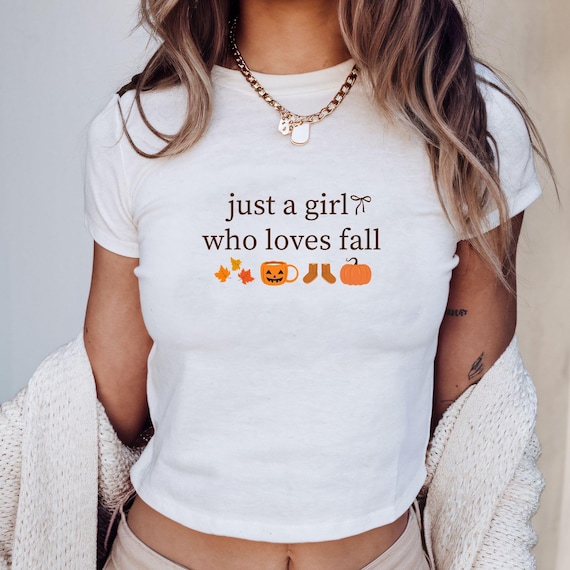 Just a Girl Who Loves Fall Baby Tee, Y2K 90s Style Baby Tee, Fall Baby Tee, Autumn Shirt, Thanksgiving Tee, Fall lover baby tee, pumpkin tee
