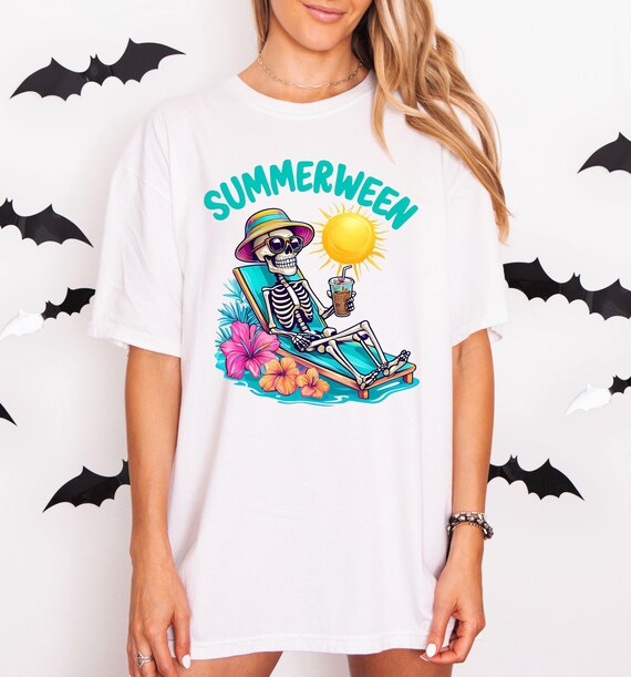 Summerween Shirt, Halloween shirt, Summer Halloween T-shirt, Beach Shirt, Halloween Tee, Spooky Summer Shirt, Gift for Her, Skeleton Shirt