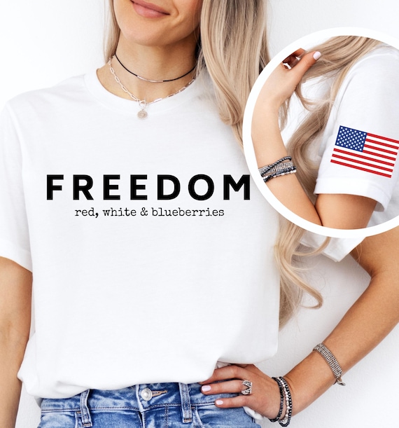 Patriotic Freedom Shirt: USA Flag Sleeve, Red White Blueberries Design