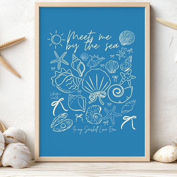 Seashell Digital Wall Art, Blue Coquette Bow Print, Ocean-Inspired Wall Art, Coastal Art, Vintage Wall Art, Digital Download Art, Blue Decor