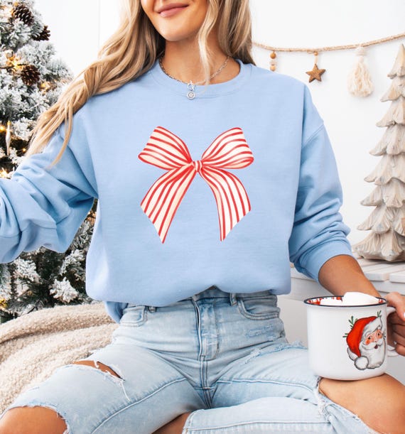 Christmas Bow Sweatshirt, Red Striped Holiday Crewneck