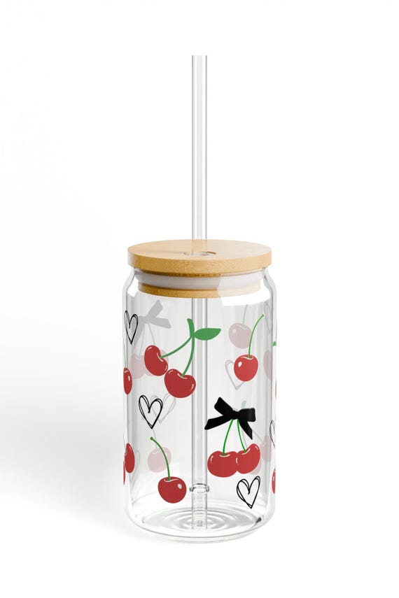 Cherry Bow Ribbon Sipper Glass cup, 16oz, Cherry Iced Coffee cup, Bow Glass cup, Coquette Cherry, Valentines Day, Cherry Gift for her