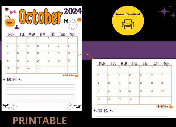 October Printable Calendar, Digital Download, Halloween Planner, Fall Planner, October Daily Calendar, Printable PDF