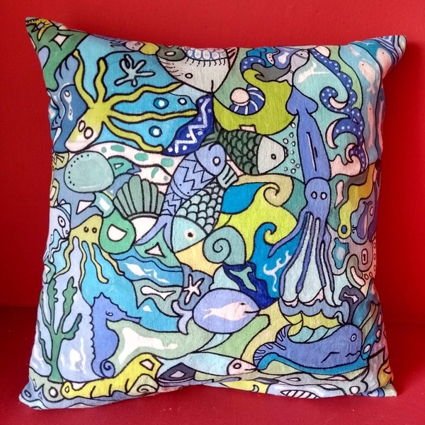 Decorative pillow, cushion cover, hand-painted cushion covers on old linen fabric