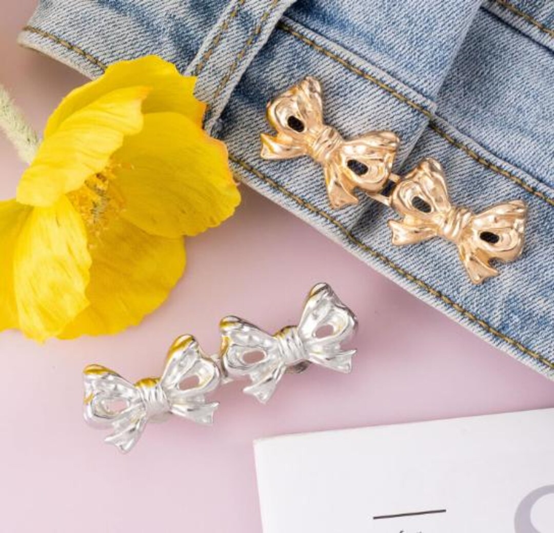 6 Sets Adjustable Waist Tightener Clips - No-Sew Bow Buttons For Pants & Skirts (Gold, Silver, Copper) - View #3