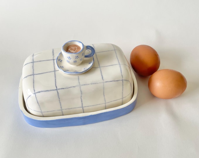 Latte Love Butter Dish – Handmade in California | Housewarming Gift | Fits Standard Butter Stick | Hand-Drawn Design | Dishwasher Safe