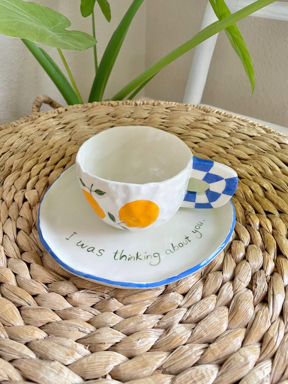 Sweet Orange Wasabi Ceramic Cup with saucer, Birthday Gift , Christmas gift,handmade in California, customized writing is available.