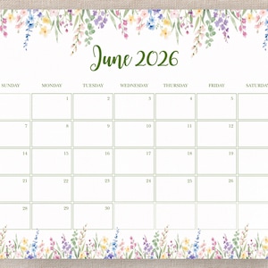 June 2026 Calendar Printable, Wildflower Monthly Planner, Floral Aesthetic Calendar, Monday & Sunday Start, Ready to Print Flower Planner