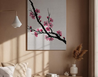 Inramad canvastavla med körsbärsblomsgren, minimalistisk japansk Sakura-tryck för zen-sovrum, entré, vardagsrum eller meditationsdekor