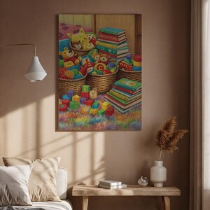 Può includere: Un dipinto colorato raffigura una collezione di giocattoli per bambini. Cesti di vimini traboccano di peluche e macchinine. Pile di libri e blocchi alfabetici creano una scena giocosa e invitante.