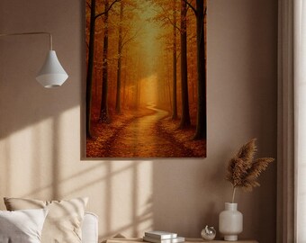 Framed Canvas Art of Autumn Path, Fall Forest Landscape Illustration Print, Serene Nature Walk Wall Decor for Living Room, Bedroom or Office