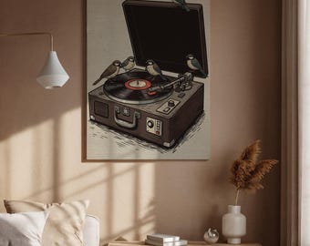 Puede incluir: Ilustración de un tocadiscos vintage con un disco de vinilo negro y varios pájaros pequeños posados encima. El tocadiscos es marrón con una tapa negra, y los pájaros son de tonos marrones y azules.