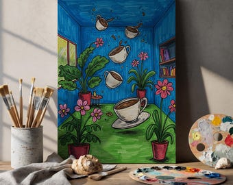 Floating Coffee Cups Canvas Wall Art Whimsical Room with Plants and Flowers Colorful Kitchen Cafe Decor for Coffee Lovers Framed Artwork