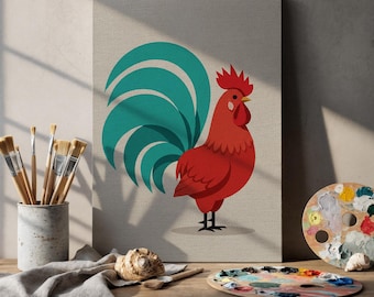 Colorful Rooster Canvas Wall Art Framed, Bold Farmhouse Kitchen Animal Print, Rustic Country Decor Artwork for Dining Room or Home Accent