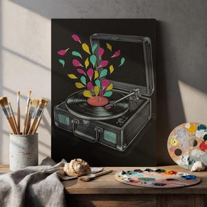 Platenspeler canvas muurkunst kleurrijke muzieknoten draaitafel print ingelijste retro vinyl decor voor woonkamer muziekstudio en bar café