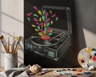 Lienzo con tocadiscos para pared, diseño de notas musicales coloridas, con marco de vinilo retro, para sala de estar, estudio de música y bar.