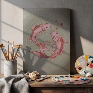 Koi Fish Canvas Wall Art, Minimalist Zen Yin Yang Print, Red Japanese Fish Artwork And Framed Asian Decor for Living Room or Bedroom